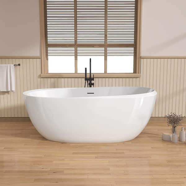 Getpro 67 in. x 29.5 in. Acrylic Freestanding Soaking Bathtub Flatbottom Oval Tub with Center Drain Free Standing Tub in White