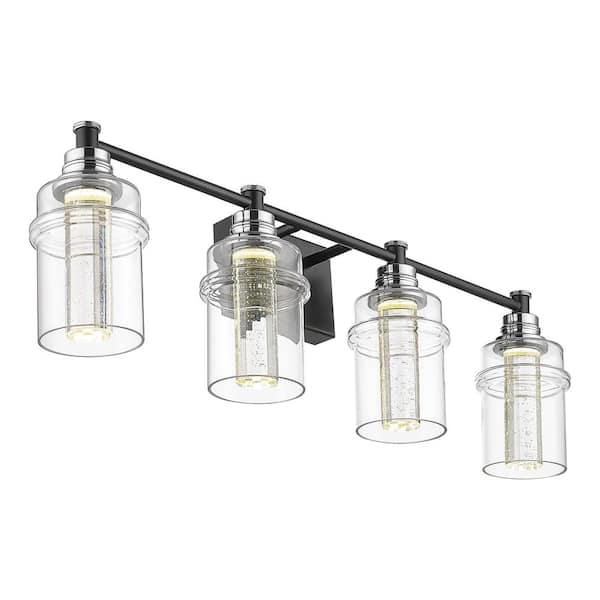 ZACHVO 30 in. 4-Light 3CCT LED Chrome Black Vanity Light Over Mirror with Clear Glass Shade