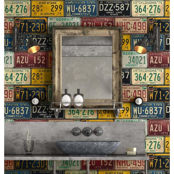 NextWall Multicolored License Plates Vinyl Peel and Stick Wallpaper