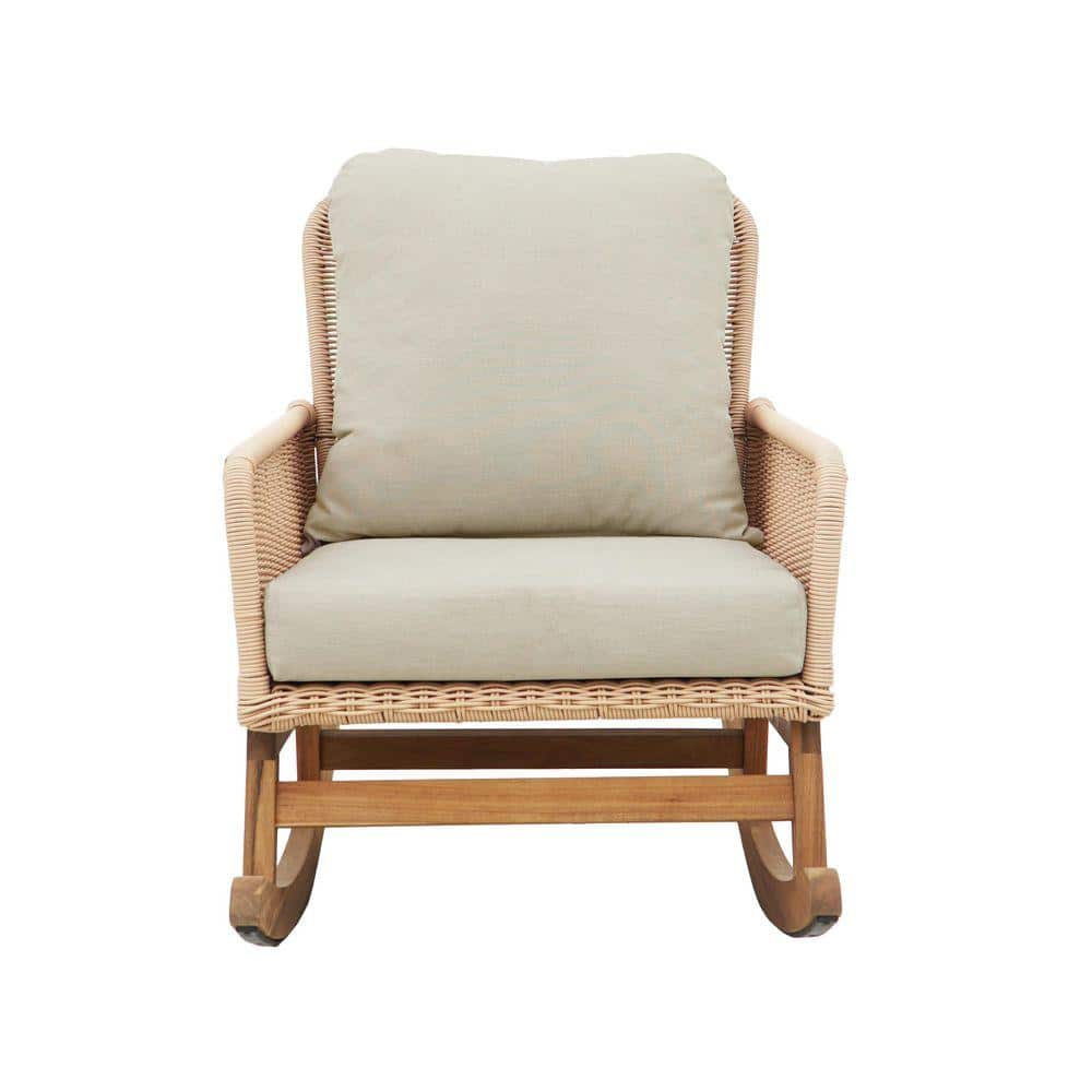 Solid Wood Outdoor Rocking Chair with Beige Cushions