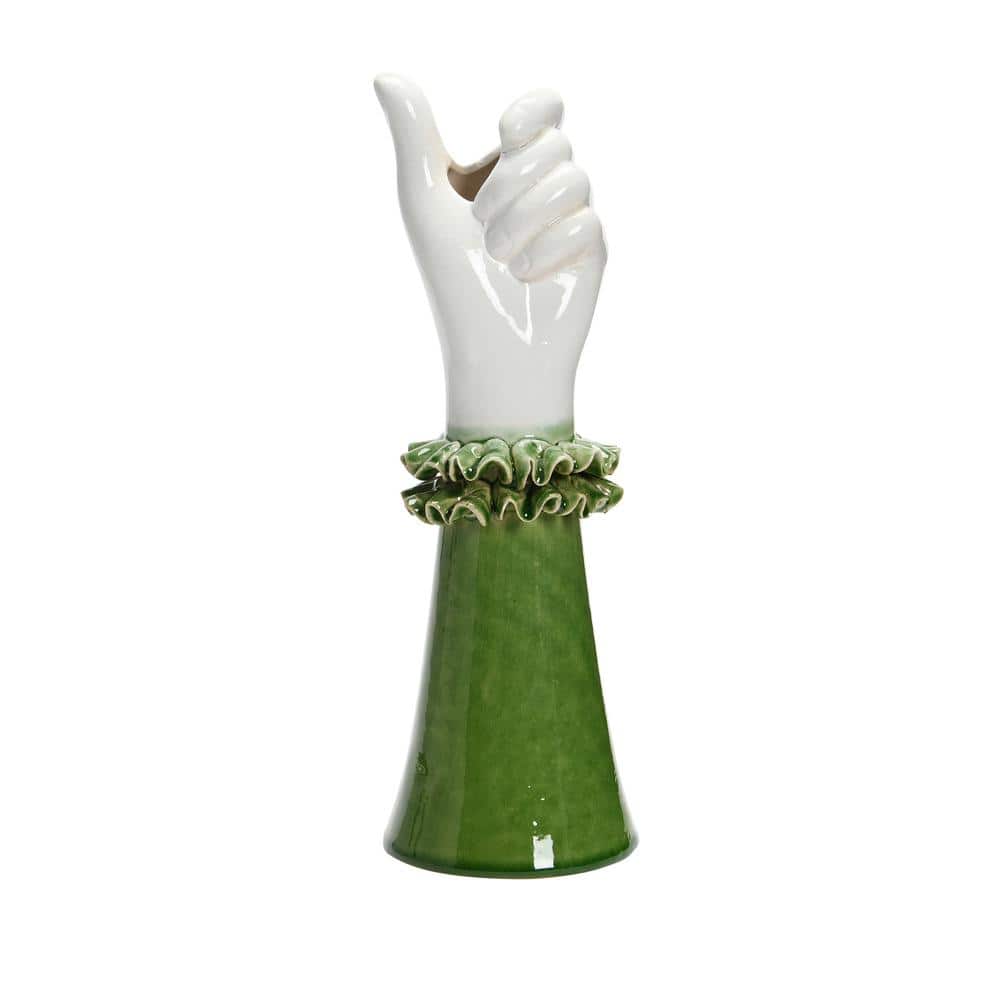 Green and White Ceramic Hand Vase with Ruffled Sleeve