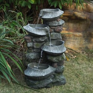 31.5 in. Tall Indoor Outdoor 4-Tier Cascading Stone Water Fountain with LED Lights