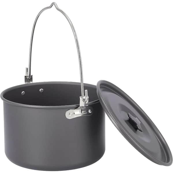 5-Quart Black Aluminum Alloy Nonstick Camping Pot with Scratch-Resistant Coating for Gas and Open Flame Use Set