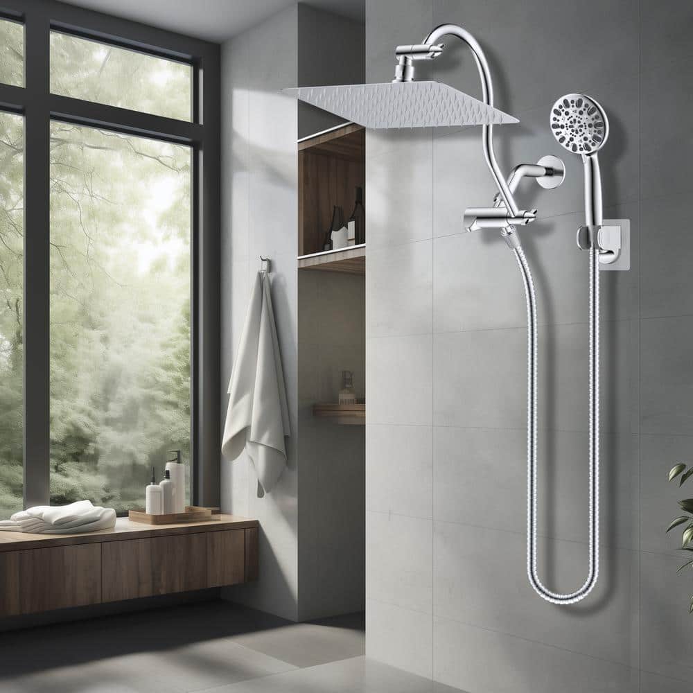 Chrome Dual Shower Head with Adjustable Height and 7-Spray Settings