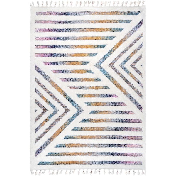 nuLOOM Bristol High-Low Geometric Ripples Tassel Beige 5 ft. 3 in. x 7 ft. 6 in. Indoor Area Rug
