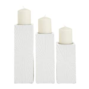 White Wood Geometric Carved Pillar Candle Holder (Set of 3)