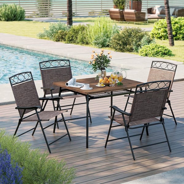 Set of 4 Metal Patio Folding Chairs Set Dining Chairs with Armrests-Brown