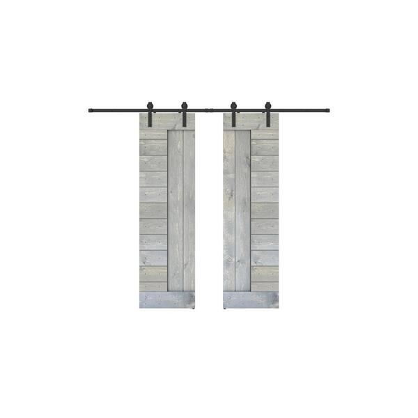 Dessliy Panel Series 56 in. x 84 in. Fully Set Up Weather Grey Finished Pine Wood Sliding Barn Door with Hardware Kit