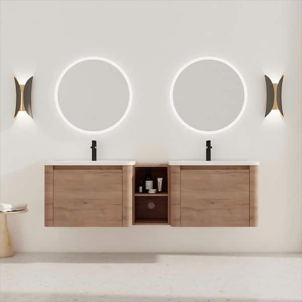 68 in. Wall-Mounted Imitative Oak Bath Vanity with White Ceramic Top and Storage Shelves Unassembled