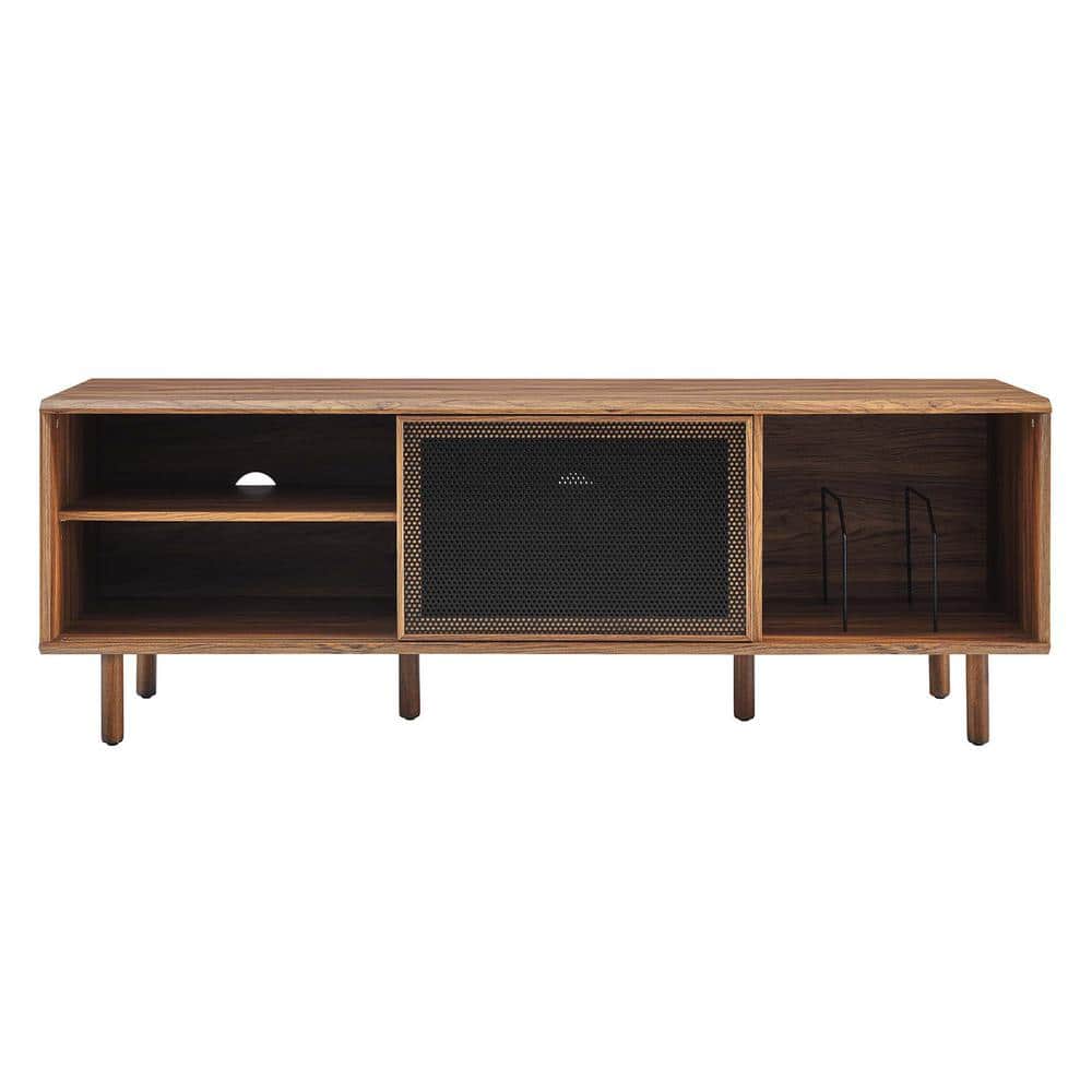 Walnut 67" TV and Vinyl Record Stand with Metal Mesh Doors