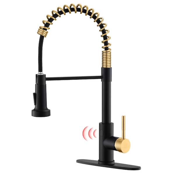 PERLIRIA INC Commercial Touchless Single Handle Spring Pull Down Sprayer Kitchen Faucet with Deck Plate in Matte Black&Brushed Gold