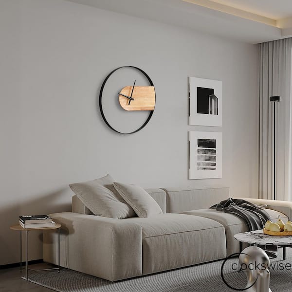 Clockswise 20 in. Industrial Style Modern LED Wall Clock Wood and Metal Design Round Black Frame Minimalist Contemporary