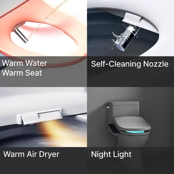 Electric Bidet Seat for Elongated Toilets with Tankless, Stainless Nozzle, Night Light, Soft Close, Heated Seat in White
