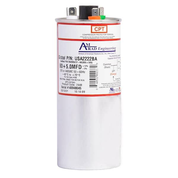 Round Motor Run Capacitor, 80/5 MFD, 370/440 VAC