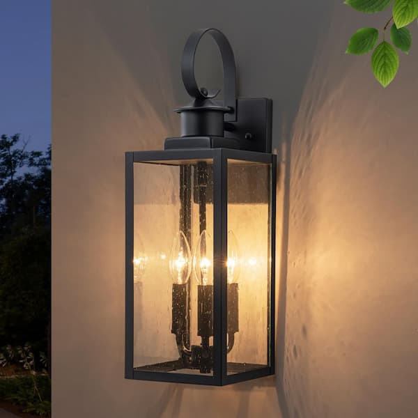 C Cattleya 19 in. 3-Light Matt Black Outdoor Hardwired Wall Lantern Sconce with Seeded Glass and No Bulbs Included