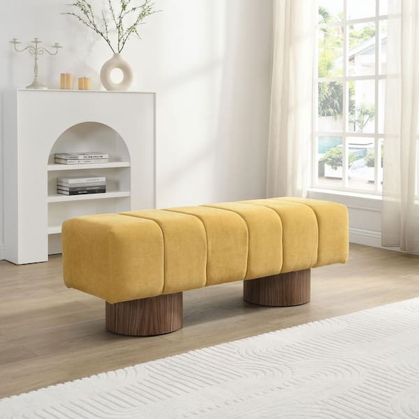 Bronx 50 in. Modern Yellow Upholstered Chenille Entryway Ottoman Bedroom Bench with Wood Legs