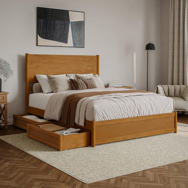Ronan Light Toffee Natural Bronze Wood Frame Queen Platform Bed with Footboard and Storage Drawers