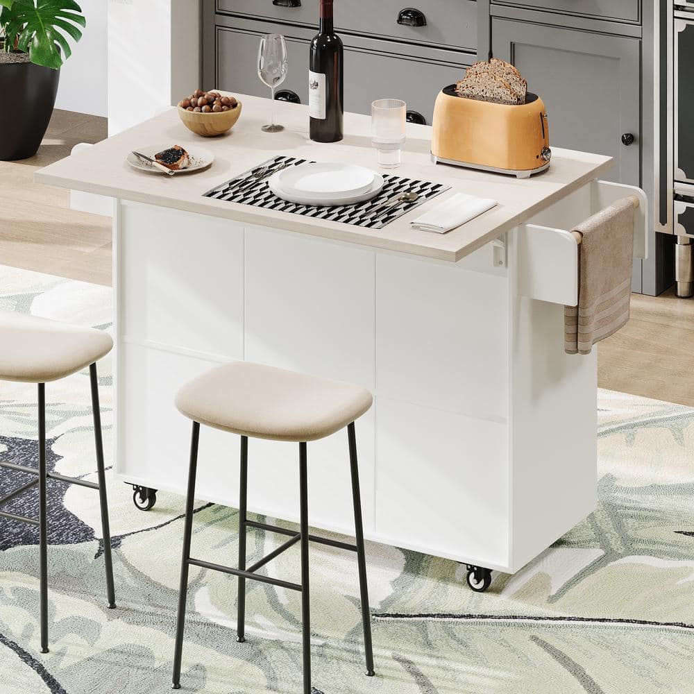 51 in. White Rubber Wood Top Kitchen Island Cart with Trash Cabinet, Drop L