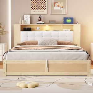 Natural (Yellow) Wood Frame Queen Platform Bed with Upholstered Headboard, Night Light, USB Ports, Hydraulic Storage