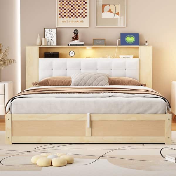 Harper & Bright Designs Natural (Yellow) Wood Frame Queen Platform Bed with Upholstered Headboard, Night Light, USB Ports, Hydraulic Storage