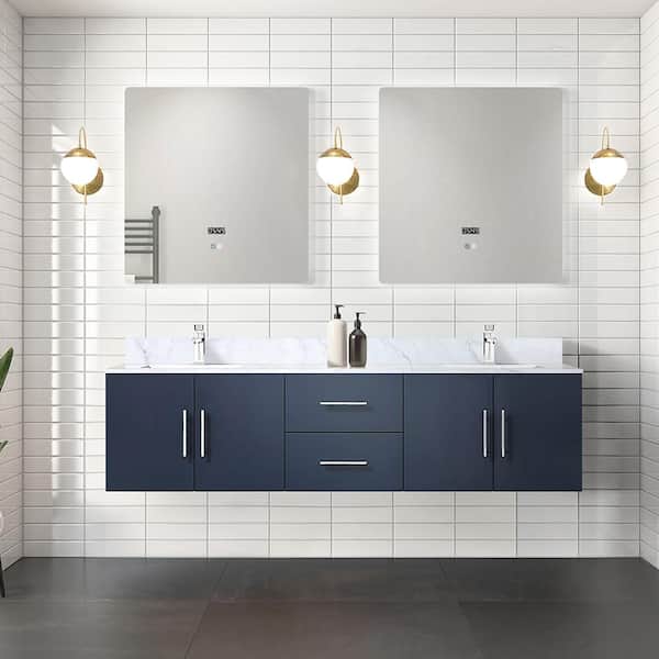 Lexora Geneva 72 in. W x 22 in. D Navy Blue Double Bath Vanity, Carrara Marble Top, Faucet Set and 30 in. LED Mirrors