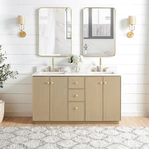 Oza 60 in.W x 22 in.D x 33.9 in.H Double Sink Bath Vanity in Natural Oak with White Quartz Stone Top