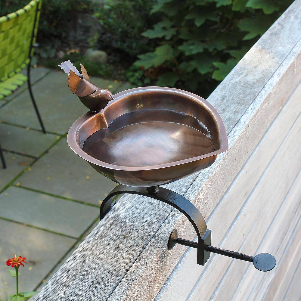 Heart Shaped Copper and Black Metal Birdbath with Rail Bracket
