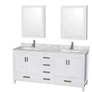 Sheffield 72 in. W x 22 in. D x 35 in. H Double Bath Vanity in White with White Carrara Marble Top and MC Mirrors