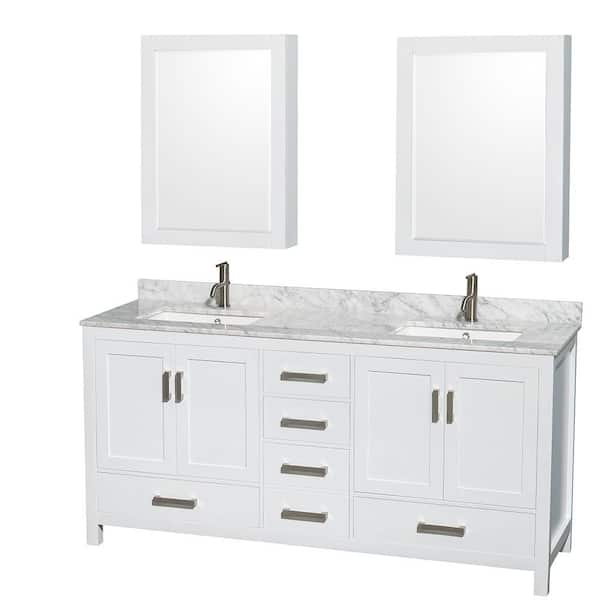 Wyndham Collection Sheffield 72 in. W x 22 in. D x 35 in. H Double Bath Vanity in White with White Carrara Marble Top and MC Mirrors