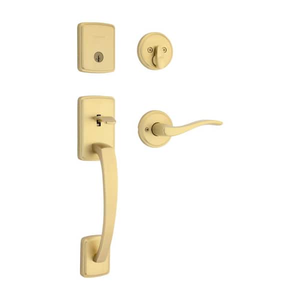 Brentford Satin Brass Single Cylinder Door Handleset with Sedona Door Handle Featuring SmartKey Security