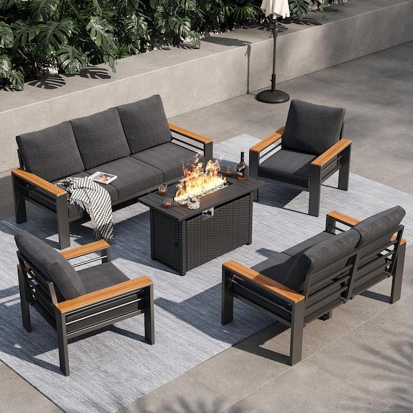 5-Piece Aluminum Outdoor Patio Conversation Set with wood armrest, 50000 BTU Propane Firepit Table and Chair Cushions