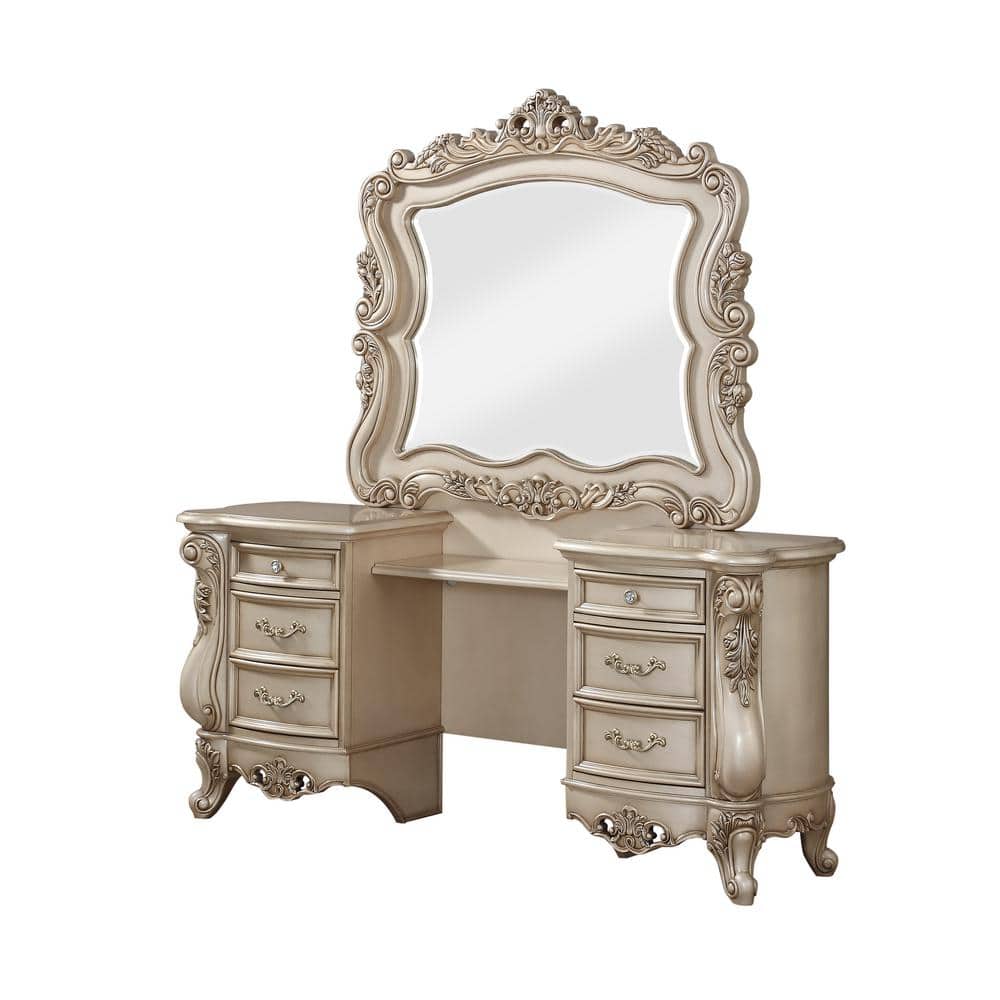 Golden Ivory 6-Drawer Wooden Vanity Desk with Mirror