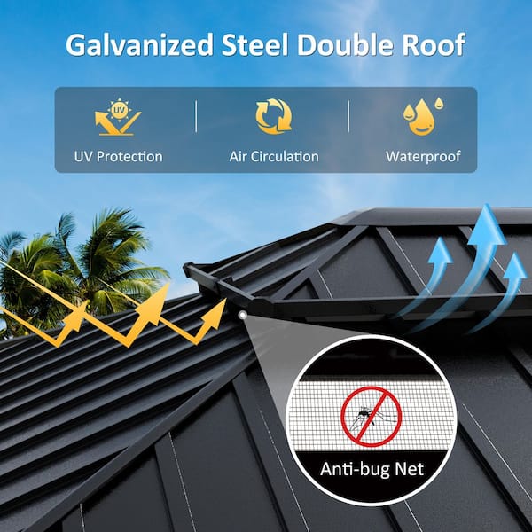 12 ft. W x 10 ft. D Metal Double Hardtop Gazebo with Pre-Painted Galvanized Steel Roof and Textilene Netting