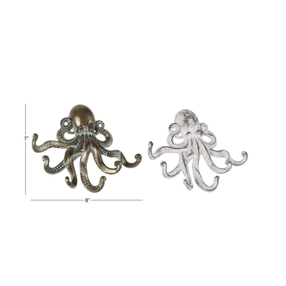 Bronze and White Nautical Octopus Wall Hooks, Set of 2