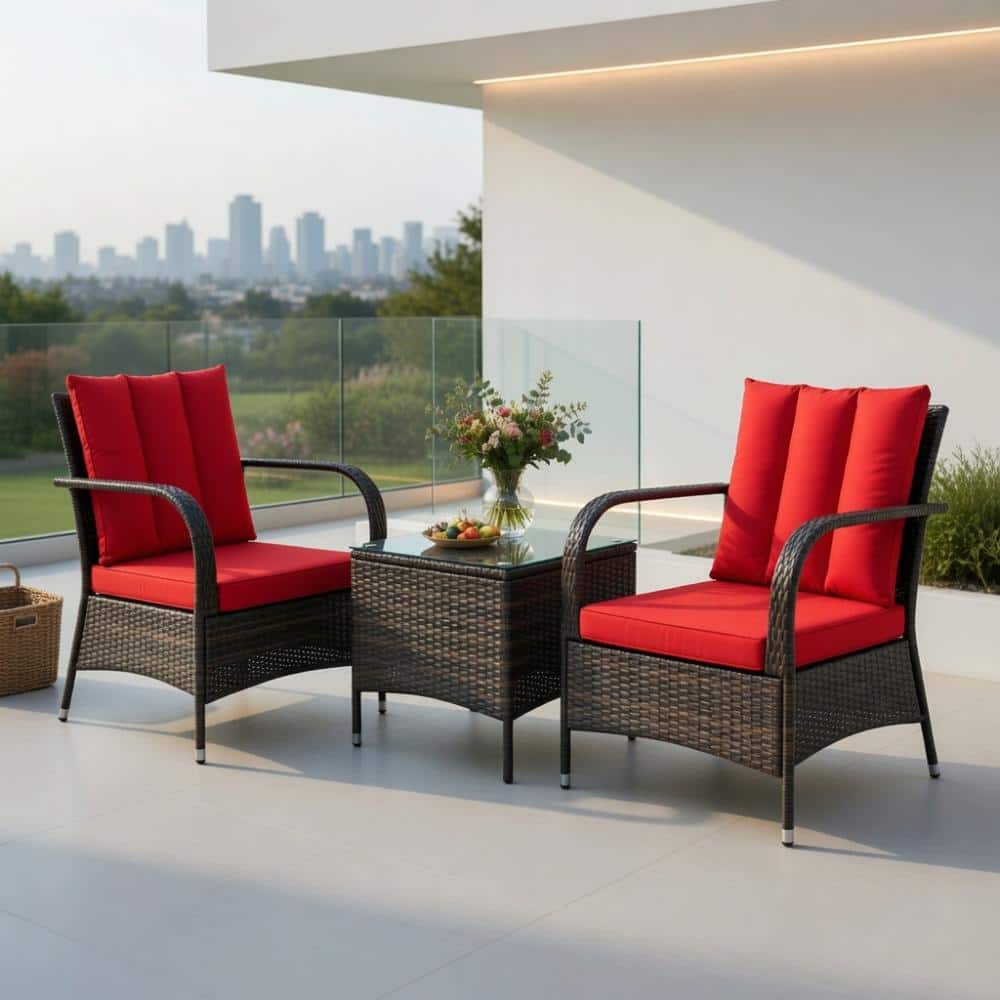 3-Piece PE Rattan Patio Set with Tempered Glass Table & Weatherproof Red Cushions for Outdoor Spaces price history on PriceWatchPro