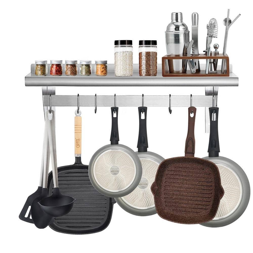 36" Stainless Steel Wall Mounted Shelf with Hooks and Brackets