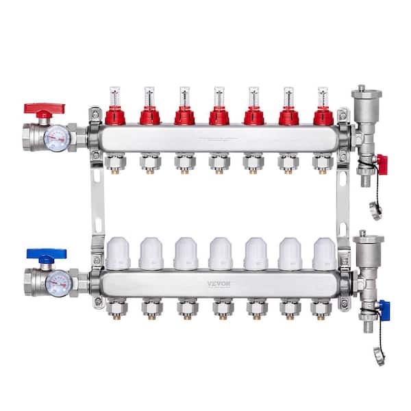 VEVOR 7-Branch Radiant Heat Manifold, ½ in. PEX Tubing Manifold, Stainless Steel PEX Manifold, Radiant Heat PEX Manifold Kit