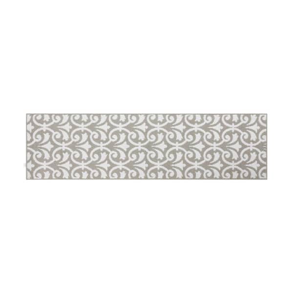 Jean Pierre Washable Non-Skid Light Grey and White 2 ft. 2 in. x 8 ft. Medallion Runner Rug