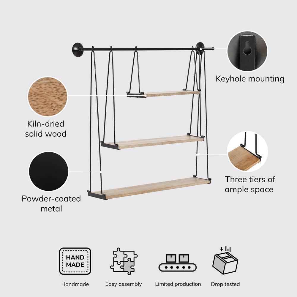 Sleek Scandinavian Black Iron & Wood 3-Tier Floating Shelf