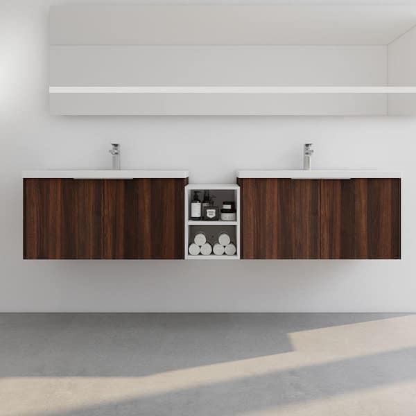82.9 in. W x 18 in. D x 19.3 in. H Double Sink Floating Bath Vanity in Walnut with White Resin Top and 2 Tier Cabinet