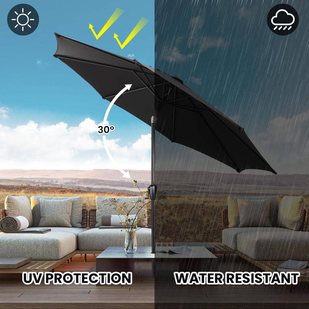 Sun-Ray 9' Black Round Market Umbrella with Push Button Tilt and Crank