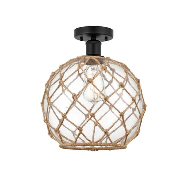 Farmhouse Rope 10 in. 1-Light Matte Black Industrial Semi-Flush Mount with Clear Glass Shade