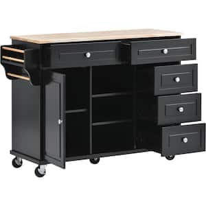 53 in. W Black Kitchen Cart with Rubber Wood Desktop Rolling Mobile Kitchen Island with Storage and 5-Drawers