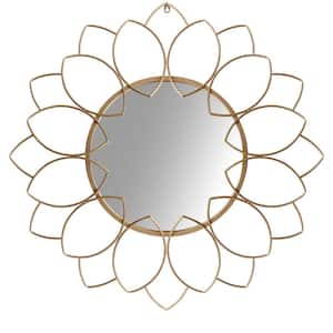 34 in. W x 34 in. H Modern Round Brown and Gold Metal Decor Wall Mirror with Oval Motif