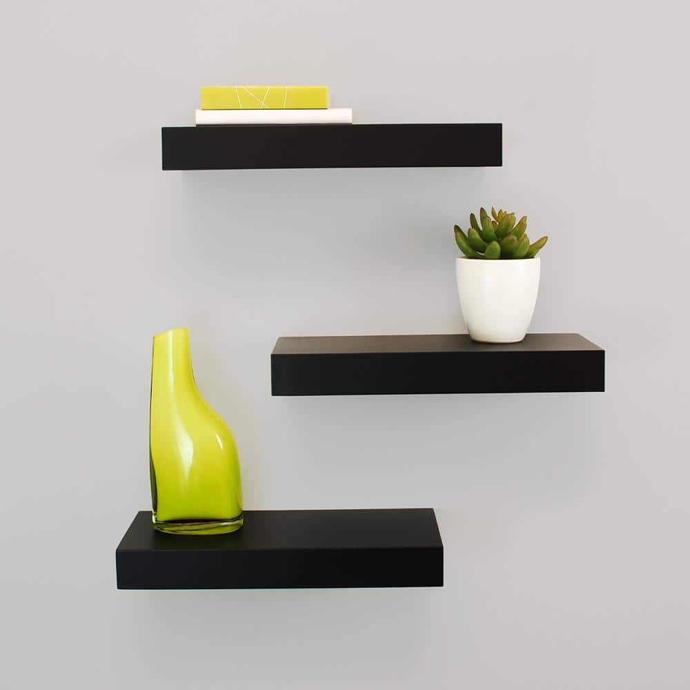 Black 3-Tier Solid Wood Floating Wall Shelves