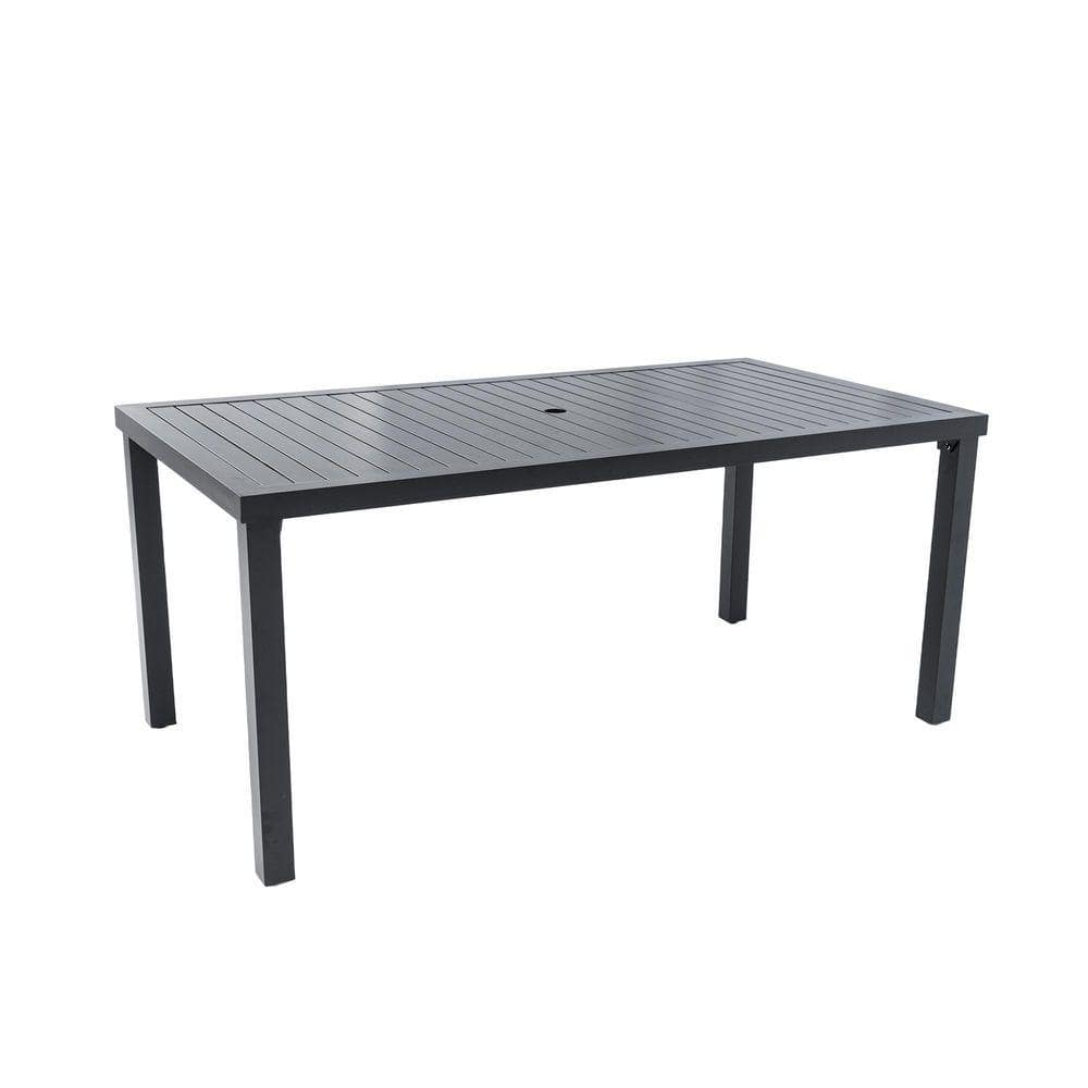 35.5"x67" Black Rectangular Metal Outdoor Dining Table with Adjustable Foot Pads, Umbrella Hole