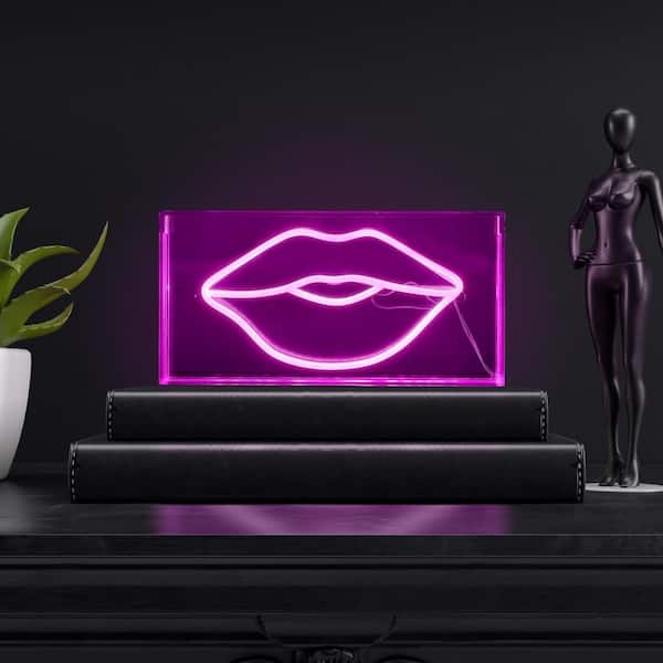 JONATHAN Y Lips 11.88 in. x 5.88 in. Contemporary Glam Acrylic Box USB Operated LED Neon Night Light, Pink
