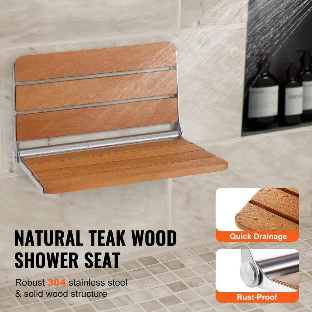 Wall-Mounted Teak Wood Folding Shower Bench, 20.9 x 16 inches