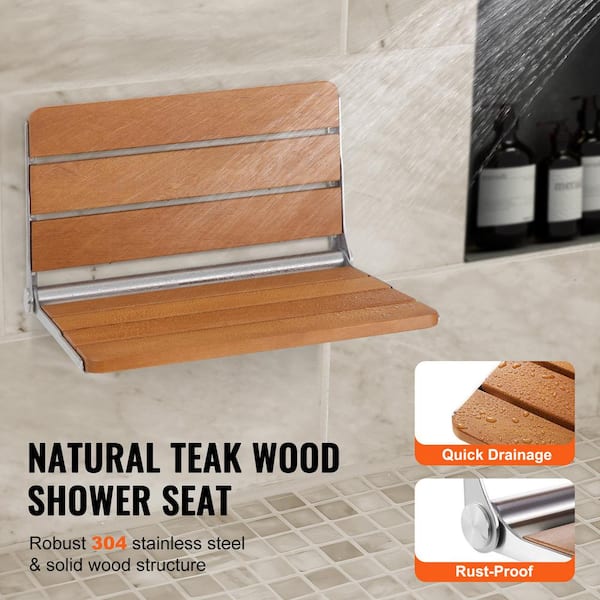 Folding Teak Shower Seat, 20.9 in. x 16 in. Wall-Mounted Fold Up Shower Bench, 227 kg (500 lbs.) Capacity