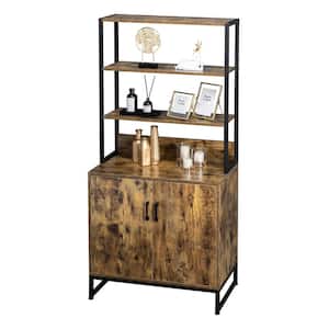 68.9 in. Tall Brown Wood 3-Shelf Etagere Bookcase with Storage Cabinet, Storage